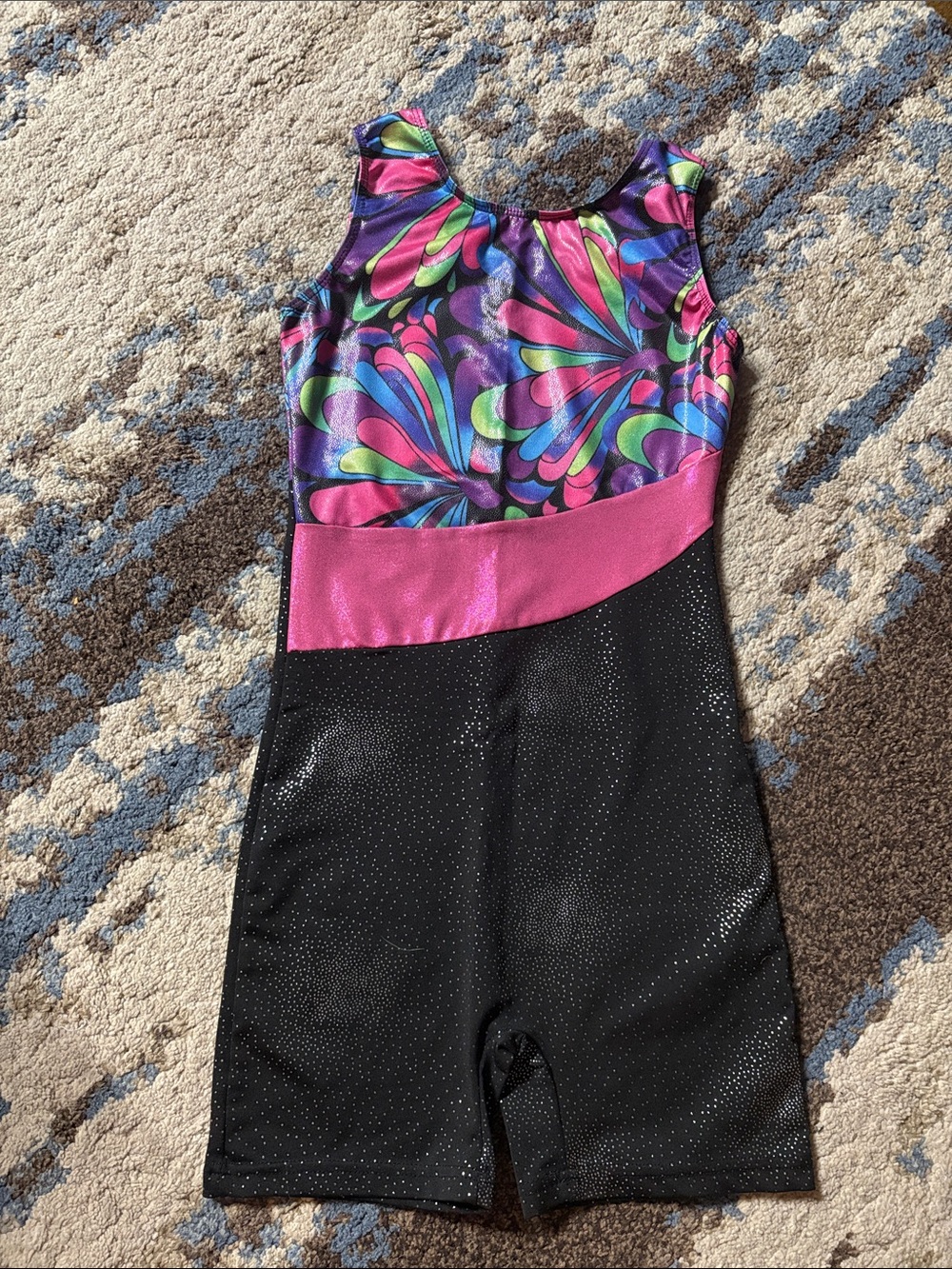 Girls Black & Pink Colorblock Gymnastics Leotard Shorts